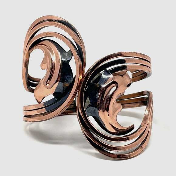 Vintage Rame' Solid Copper Hinged Clamper Swirl Cuff Bracelet Signed - Picture 2 of 4